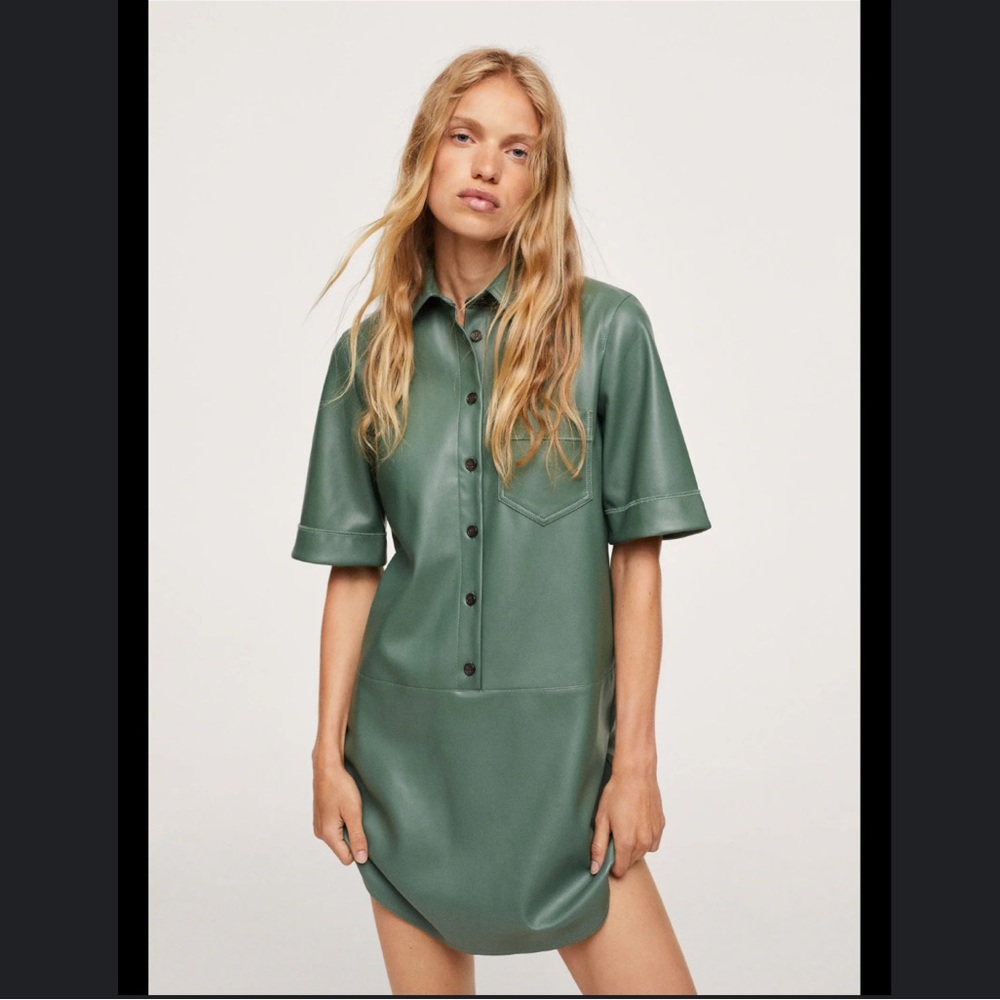 Mango faux leather green shirt dress in EUC size medium